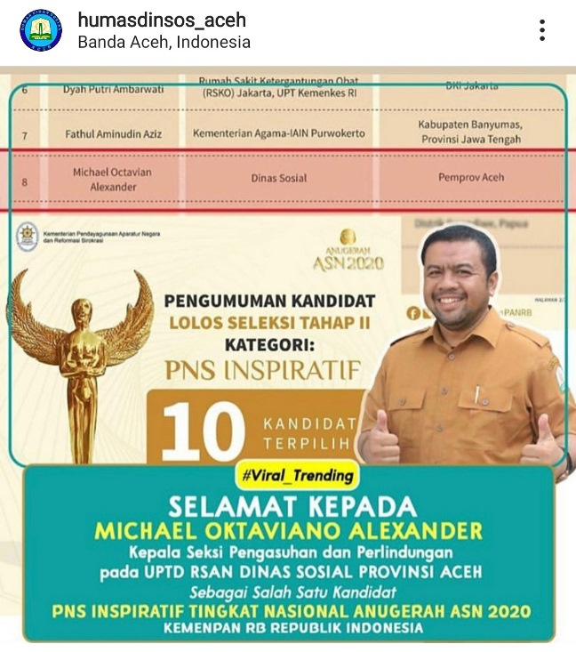 Putra Asli Sumatera Utara masuk dalam 10 Besar PNS Inspiratif mewakili Provinsi Aceh
