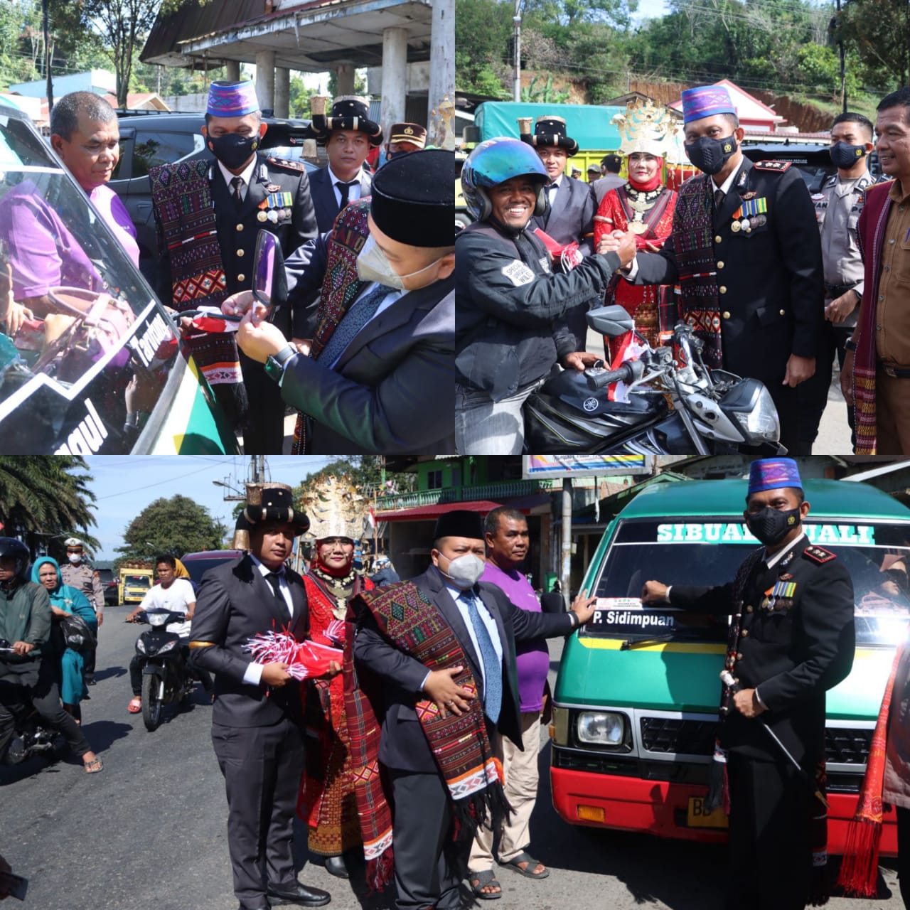 Dengan Memakai Ulos, Kapolres Bersama Bupati Tapsel Kompak Bagikan Bendera