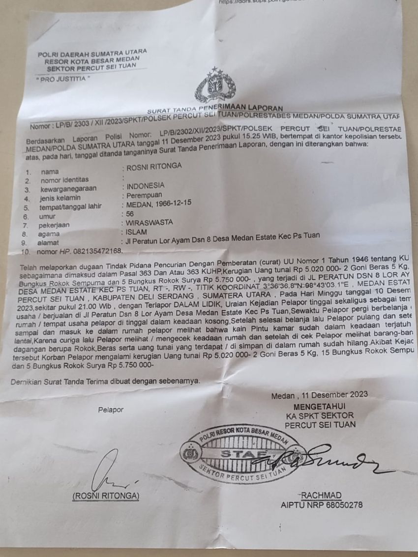 Tiga Bulan Laporan Kasus Curat di Polsek Percut Seituan, Korban Berharap Tangkap Pelaku