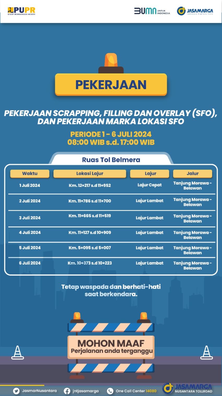 Tingkatkan Kenyamanan dan Keamanan Pengguna Jalan, Jasa Marga Lanjutkan Pekerjaan Scrapping, Filling, Dan Overlay (SFO) Jalan Tol Belawan-Medan-Tanjun