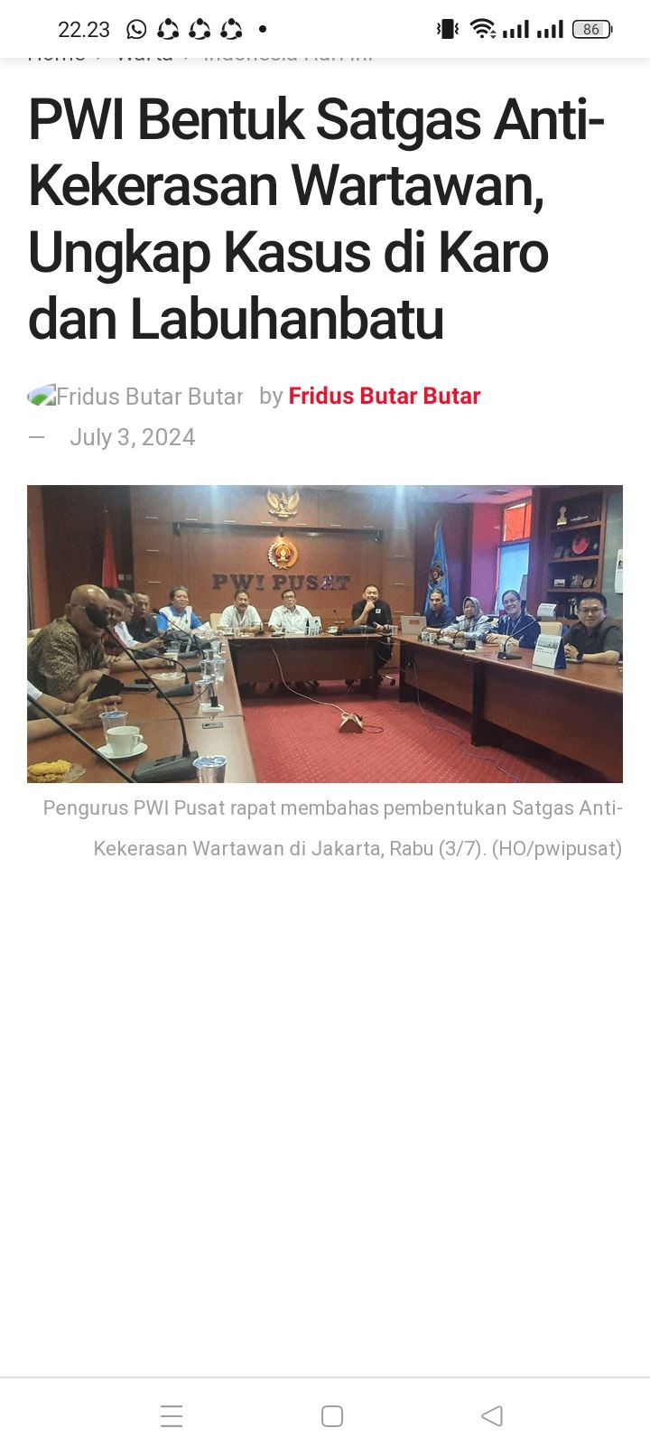 Ungkap kasus di Karo dan Labuhanbatu, PWI Pusat Bentuk Satgas Antikekerasan Wartawan