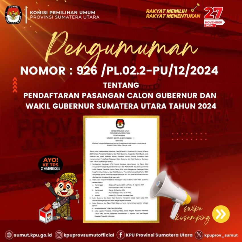 Persyaratan Pendaftaran Pasangan Calon Gubernur dan Wakil Gubernur Sumatera Utara