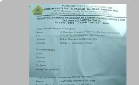 Beredar Surat Keterangan Pemeriksaan Narkotika Kepada Vandiko Gultom yang Diduga Ada Gejala