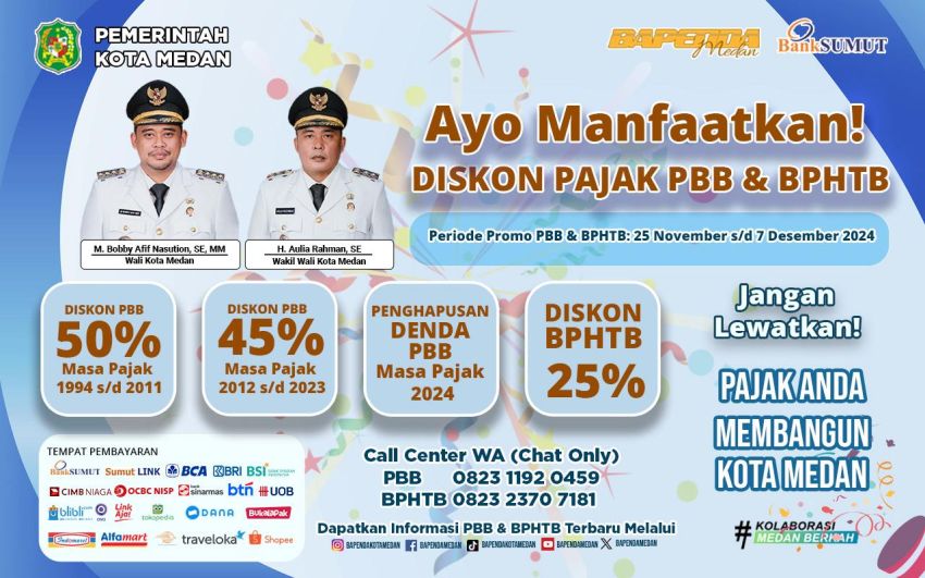 25 November s/d 7 Desember 2024, Bapenda Medan Gelar Program Diskon PBB dan BPHTB