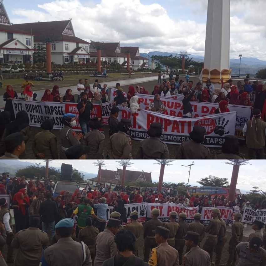 Tidak Netralitas ASN Picu Aksi Demo di Kantor Bupati Tapsel "Tolak begal demokrasi di bumi Dalihan Natolu", Plt Rasyid Dongoran Tak Nongol