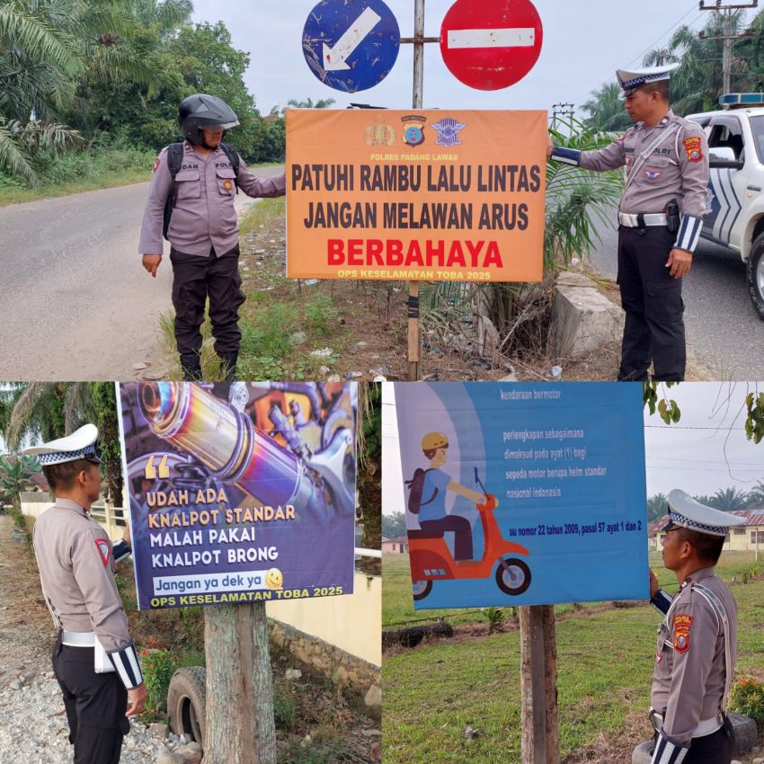 Kapos Lantas Barteng Polres Palas Memasang Billboard/Spanduk Himbauan Operasi Keselamatan Toba 2025