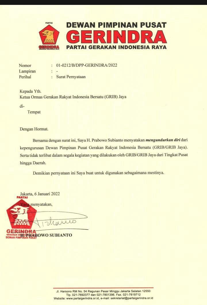 Presiden Prabowo Mundur dari Pembina GRIB Jaya Sejak 2022, Ini Faktanya
