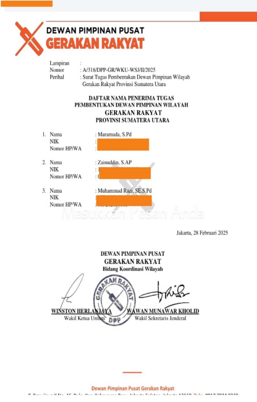 DPP Gerakan Rakyat Berikan Mandat kepada Maramuda Ritonga Pembentukan DPW Gerakan Rakyat Sumut