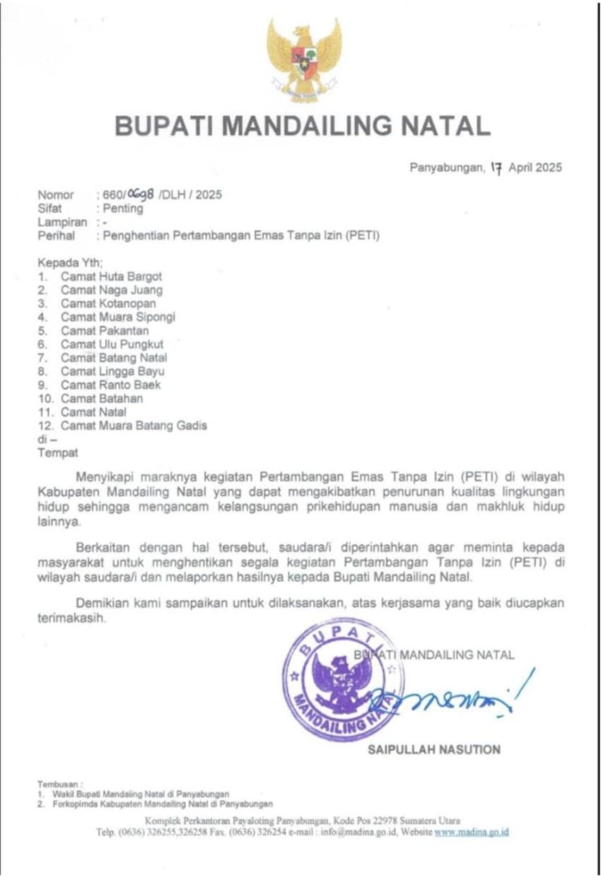 "Selamatkan Lingkungan",Bupati Mandailing Natal Instruksikan Camat Hentikan Aktivitas PETI