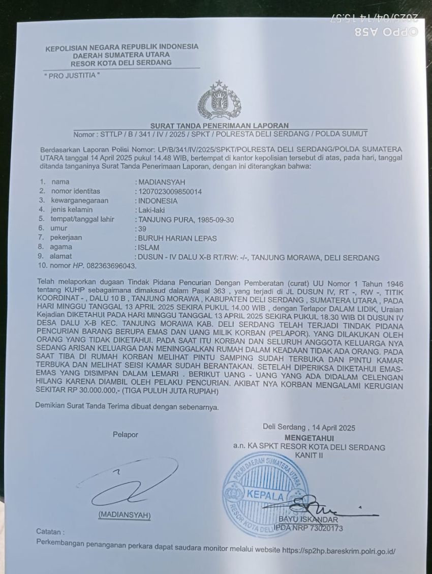 Wilkum Tamora Mulai Tidak Aman,   Rumah Kosong di Deli Serdang Dibobol Maling