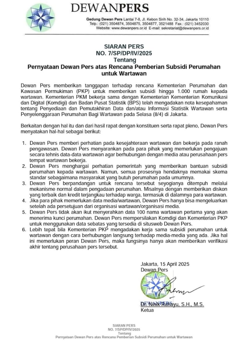 Inilah Pernyataan Dewan Pers soal rumah subsidi Untuk Wartawan
