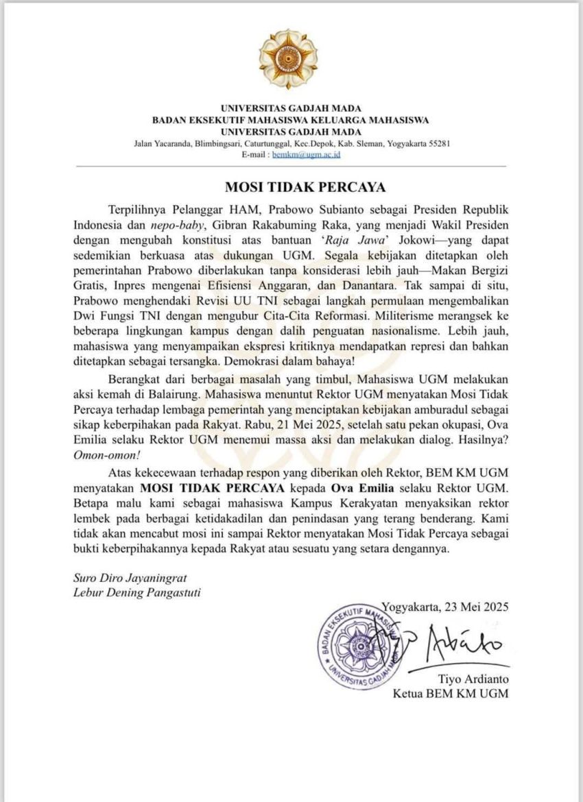 BEM KM UGM Nyatakan Mosi Tidak Percaya kepada Rektor Ova Emilia