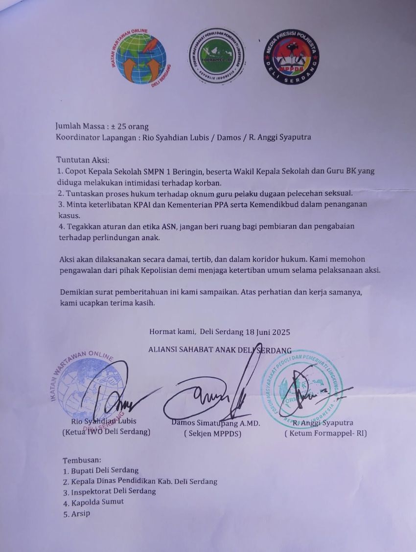 Aliansi Sahabat Anak Deli Serdang Akan Gelar Unjuk Rasa Tuntut Copot Kepsek dan Proses Hukum Oknum Pelaku Pelecehan Seksual