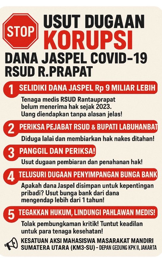 KM3SU Desak KPK RI Periksa RSUD Rantauprapat dan Bupati Labuhanbatu Terkait Dana Jaspel COVID-19